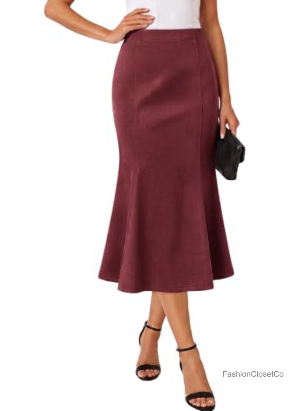 Faux Suede Mermaid Midi Skirt High Elastic Waist Fishtail Hem Fall Winter